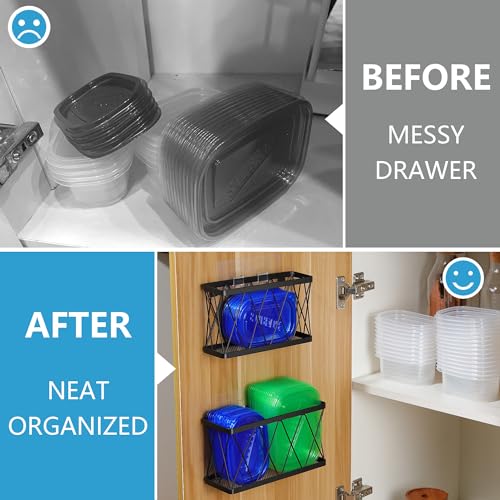 YIGII 3 Pack Adhesive Cabinet Organizer Storage - Lid Organizer Wall Mounted Pantry Door Organizer Bin Holder for Tupperware Lid Kitchen Wall Under Sink Basket Slim Space Black Stainless Steel