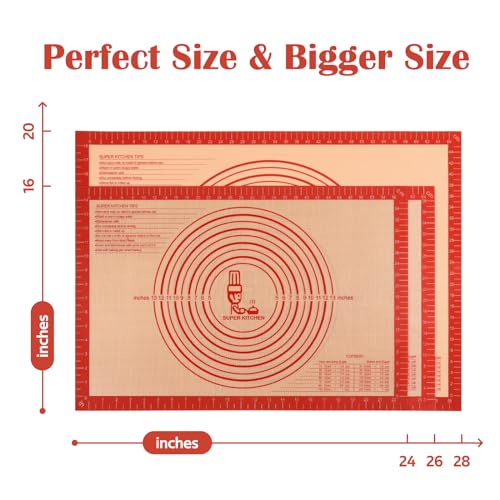 Non-slip Pastry Mat Extra Large with Measurements 28''By 20'' for Silicone Baking/ Counter Mat, Dough Rolling Mat,Oven Liner,Fondant/Pie Crust Mat By Folksy Super Kitchen Red