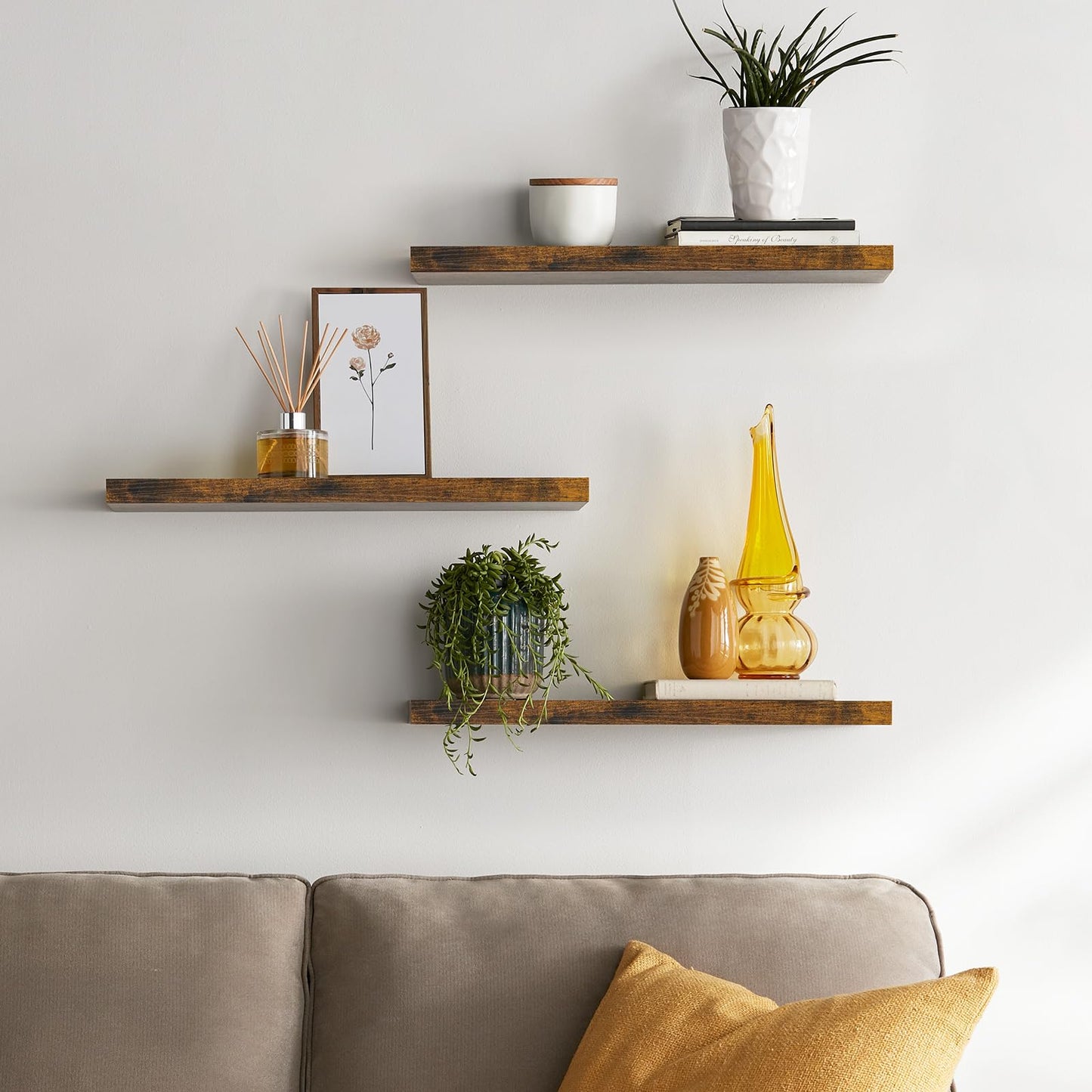 BAYKA Floating Shelves for Wall, 22.5 inches Wall Mounted Rustic Wood Shelves for Bathroom, Bedroom, Living Room, Floating Shelves for Books/Storage/Decor(Rustic Brown,Set of 3)