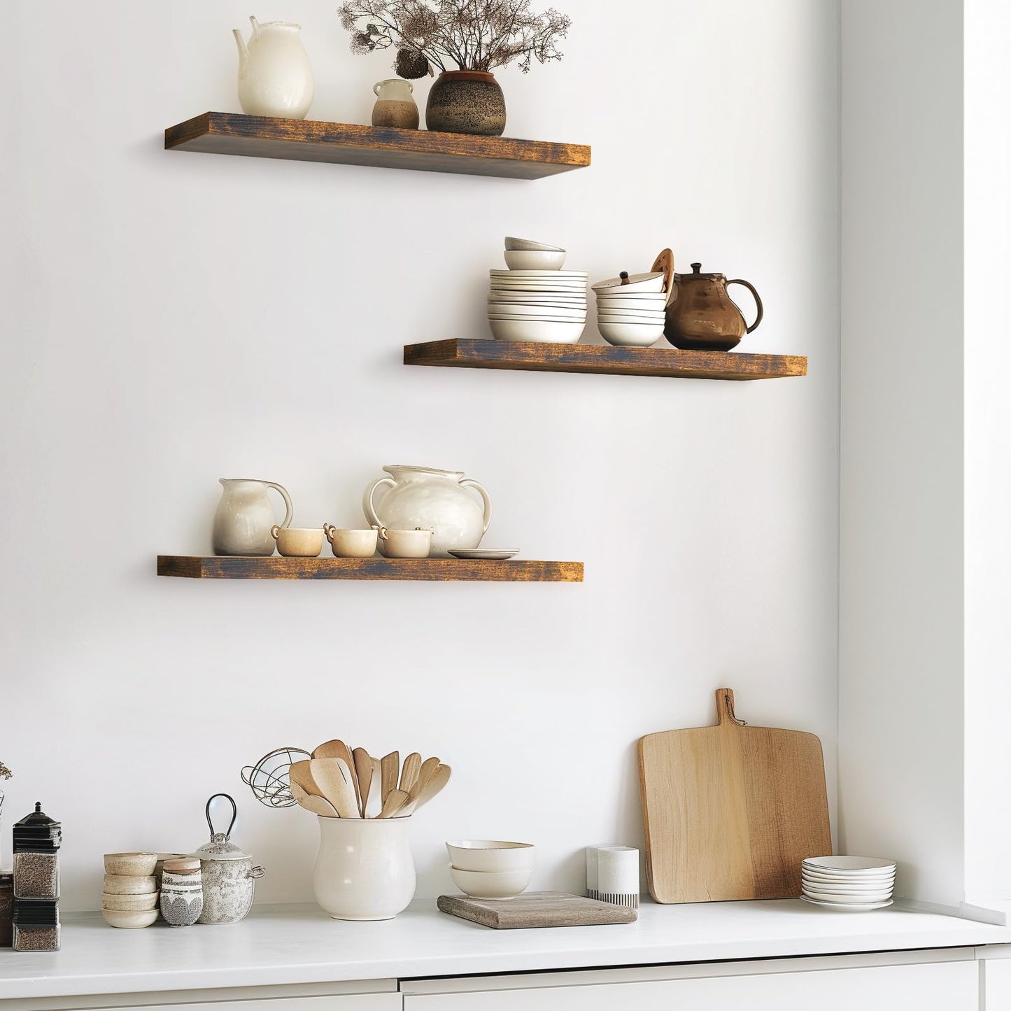 BAYKA Floating Shelves for Wall, 22.5 inches Wall Mounted Rustic Wood Shelves for Bathroom, Bedroom, Living Room, Floating Shelves for Books/Storage/Decor(Rustic Brown,Set of 3)