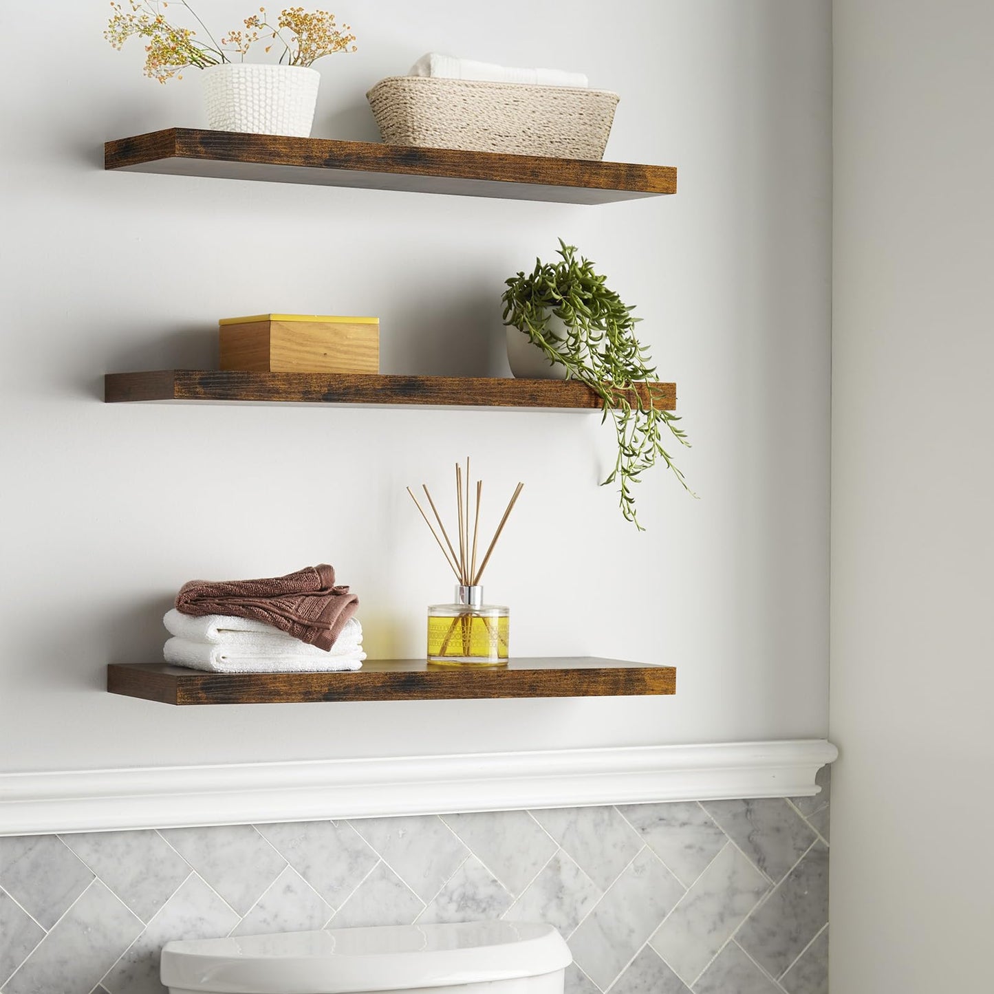 BAYKA Floating Shelves for Wall, 22.5 inches Wall Mounted Rustic Wood Shelves for Bathroom, Bedroom, Living Room, Floating Shelves for Books/Storage/Decor(Rustic Brown,Set of 3)