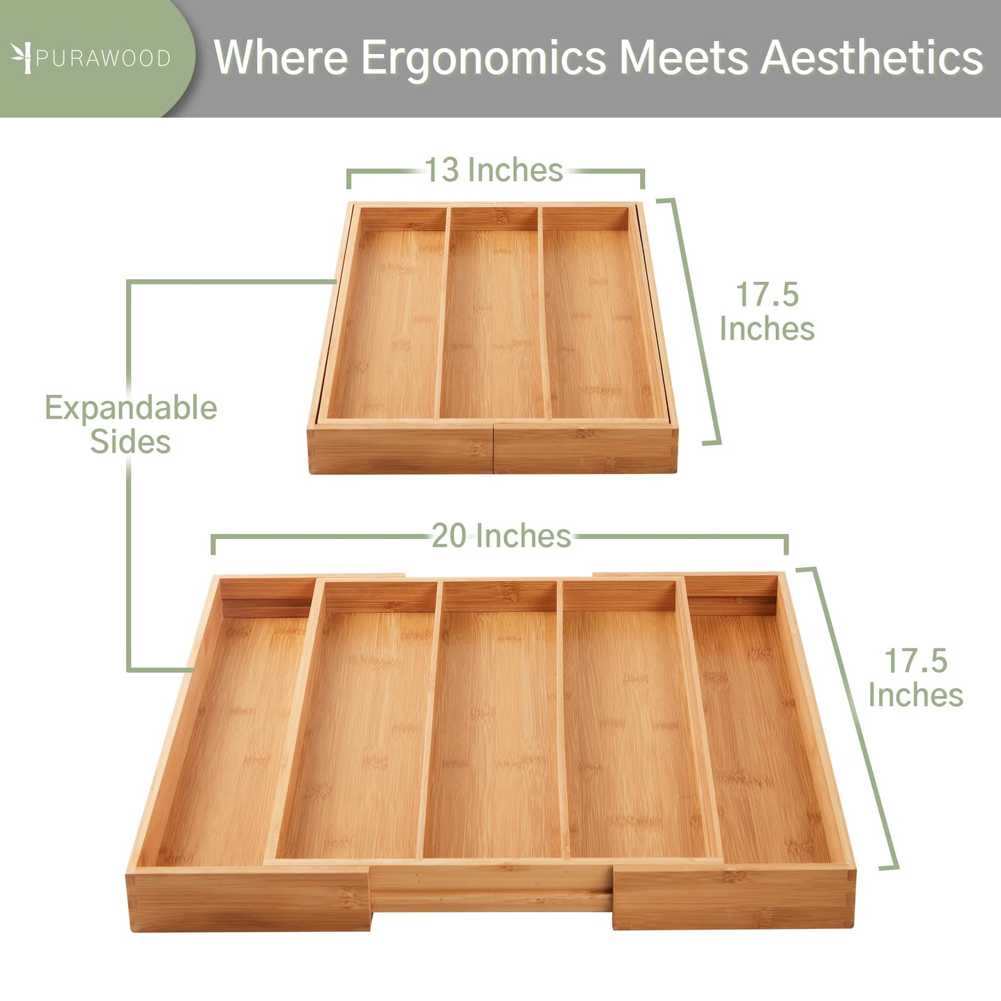 Purawood - Large Premium Bamboo Silverware Organizer - Expandable Kitchen Drawer & Utensil Organizer, 17.5" x 19.75" Cutlery Tray with Drawer Dividers for Kitchen Flatware (3-5 Slots) (Natural)