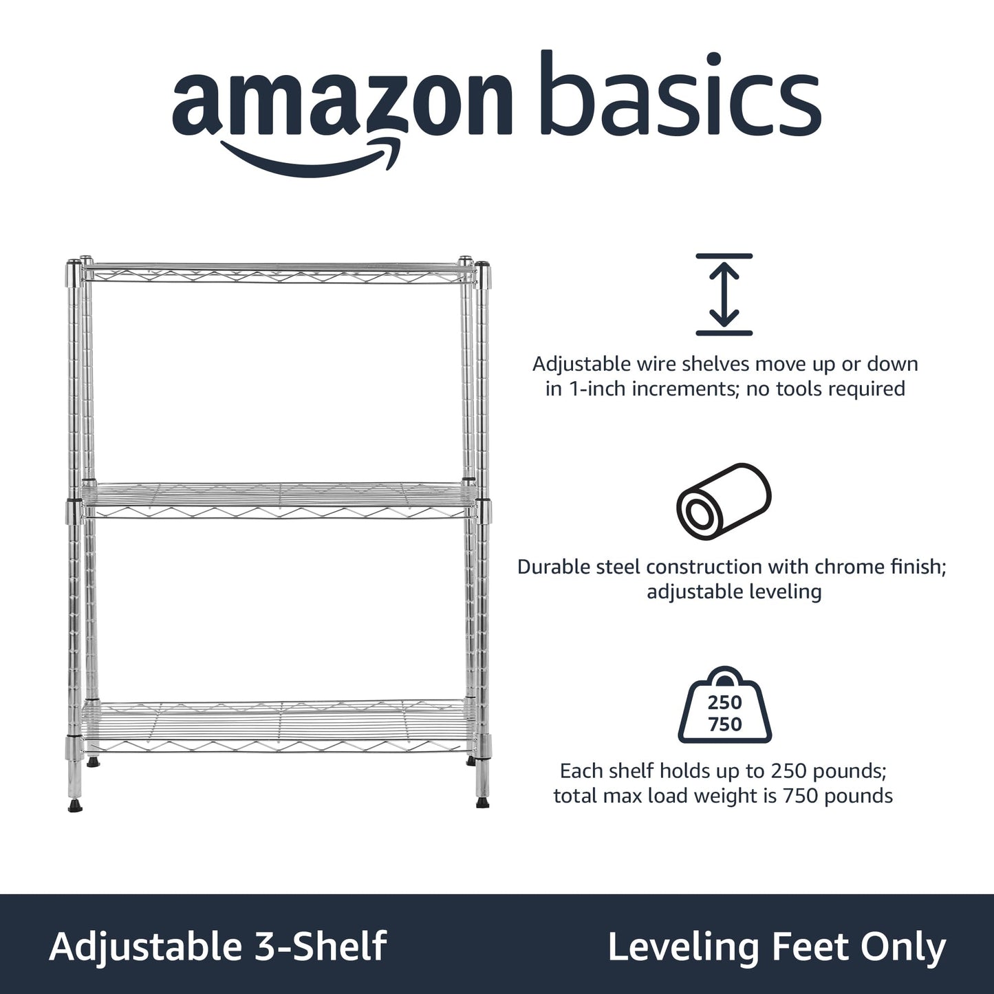 Amazon Basics 3-Shelf Adjustable, Heavy Duty Storage Shelving Unit (250 lbs loading capacity per shelf), Steel Organizer Wire Rack, 23.2" L x 13.4" W x 30" H, Chrome