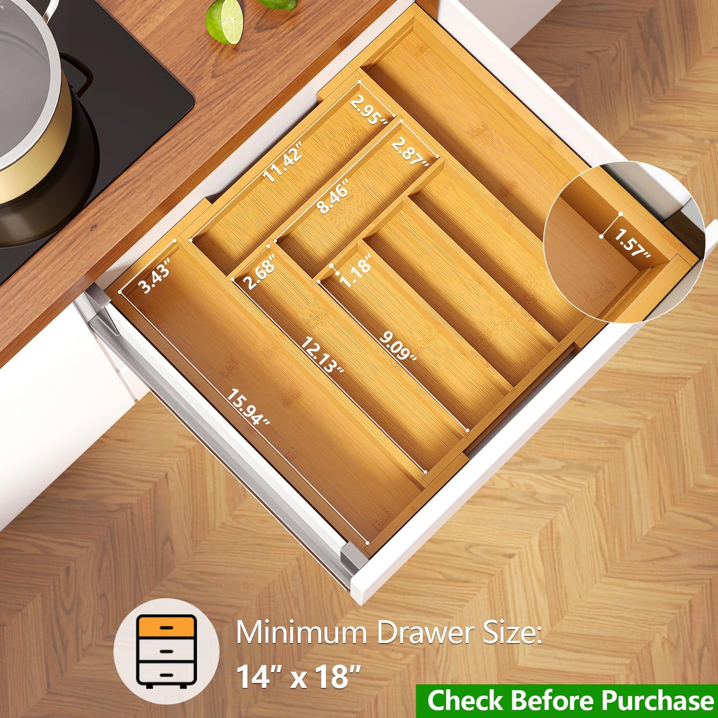 Pipishell Bamboo Expandable Drawer Organizer for Utensils Holder, Adjustable Cutlery Tray, Wood Drawer Dividers Organizer for Silverware, Flatware, Knives in Kitchen, Bedroom, Living Room