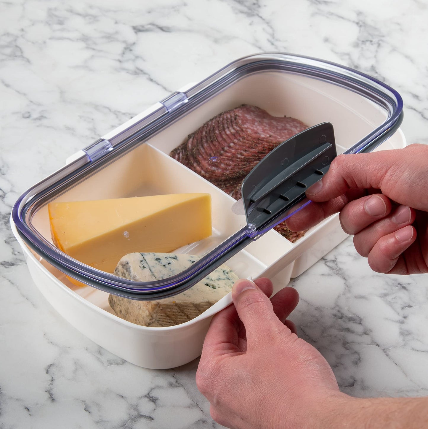 Prepworks Split Deli ProKeeper Air Tight Silicone Sealed Food Storage Container with Clear Dry Erase Compatible Lid, 11.75 Inches Long