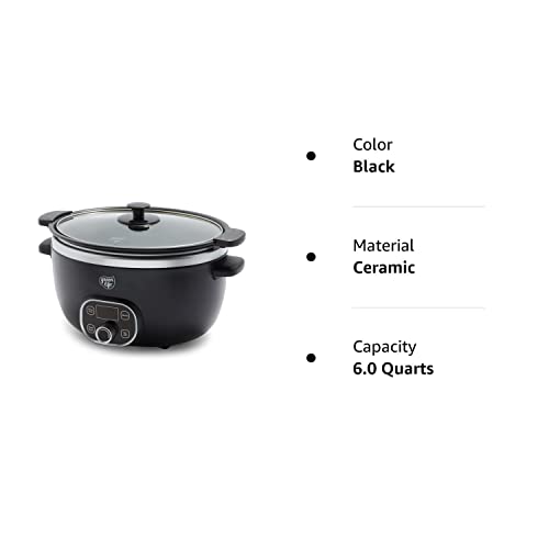 GreenLife 6 Quart Ceramic Slow Cooker, PFAS-Free, Programmable, Removable Healthy Nonstick Pot for large families, Sear on Stovetop, Keep Warm, Digital Timer, Dishwasher Safe Glass Lid & Crock, Black