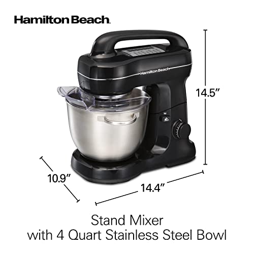 Hamilton Beach Electric Stand Mixer, 4 Quarts, Dough Hook, Flat Beater Attachments, Splash Guard 7 Speeds with Whisk, Black with Top Handle