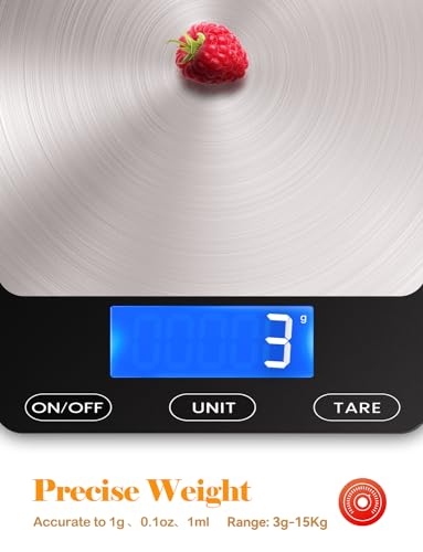 Food Scale -33lb Digital Kitchen Scale for Food Ounces Grams Rechargeable 304 Stainless Steel,Batteries and Type-C Charging | Perfect for Meal Prep, Cooking, and Baking, Black