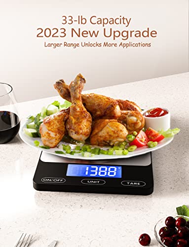 Food Scale -33lb Digital Kitchen Scale for Food Ounces Grams Rechargeable 304 Stainless Steel,Batteries and Type-C Charging | Perfect for Meal Prep, Cooking, and Baking, Black