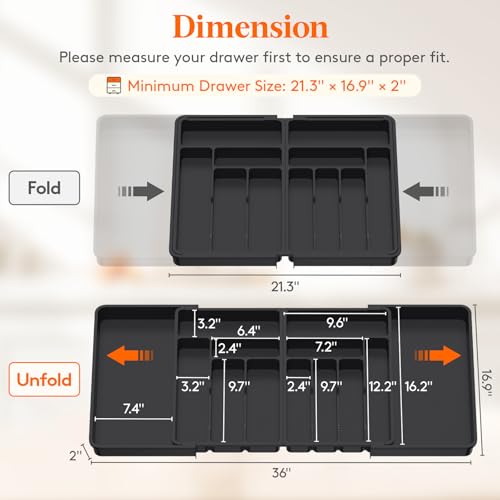 Lifewit Large Silverware Drawer Organizer, Expandable to 36 Inches Wide, BPA Free Plastic Utensil Tray for Kitchen, Adjustable Flatware and Cutlery Holder for Spoons Forks Knives, Black