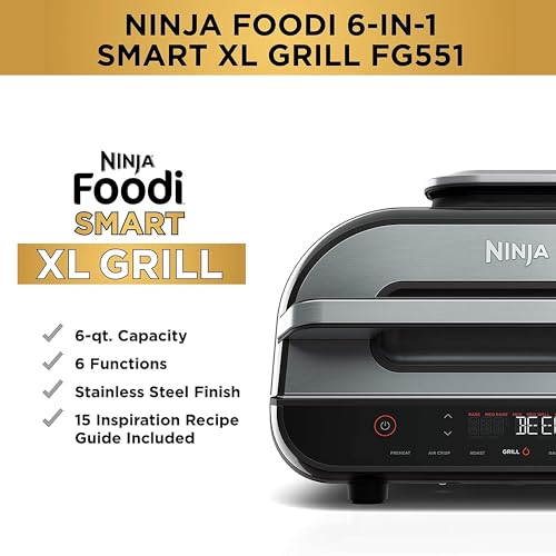 Ninja FG551 Foodi Smart XL 6-in-1 Indoor Grill with Air Fry, Roast, Bake, Broil & Dehydrate, Smart Thermometer, Black/Silver