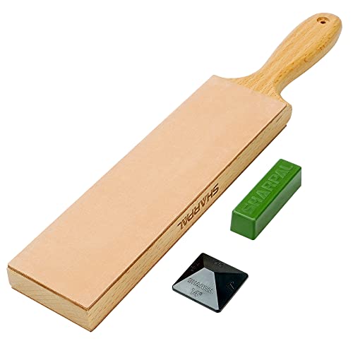 SHARPAL 205H Double-sided Leather Strop (Genuine Cowhide) 13.2" x 2.4" Kit with 2 Oz. Polishing Compound & Angle Guide, Knife Stropping Block for Sharpening & Honing Knives tools, Woodcarving Chisels