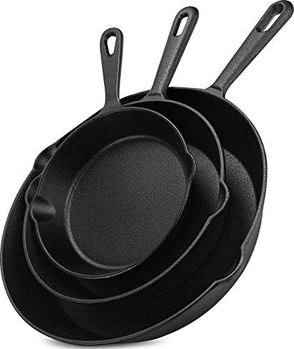 Utopia Kitchen Saute Fry Pan - Pre-Seasoned Cast Iron Skillet Set 3-Piece - Frying Pan - 6 Inch, 8 Inch and 10 Inch Cast Iron Set (Black)