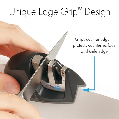 KitchenIQ 50009 Edge Grip 2-Stage Knife Sharpener in Black, Coarse & Fine Sharpens Compact Knives for Easy Sharpening, Stable Non-Slip Rubber Handle, Straight & Serrated Knives