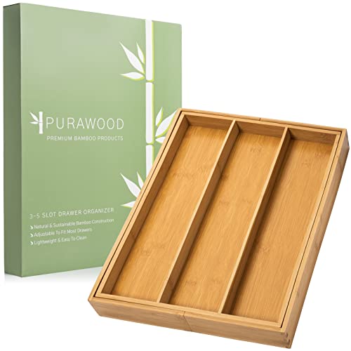 Purawood - Large Premium Bamboo Silverware Organizer - Expandable Kitchen Drawer & Utensil Organizer, 17.5" x 19.75" Cutlery Tray with Drawer Dividers for Kitchen Flatware (3-5 Slots) (Natural)