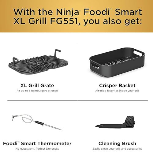 Ninja FG551 Foodi Smart XL 6-in-1 Indoor Grill with Air Fry, Roast, Bake, Broil & Dehydrate, Smart Thermometer, Black/Silver