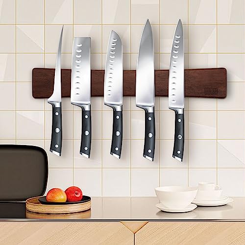 HOSHANHO Magnetic Knife Strips, Magnetic Knife Holder for Wall 16 Inch, Acacia Wood Knife Magnetic Strip Use as Knife Bar, Knife Holder for Kitchen Utensil Organizer