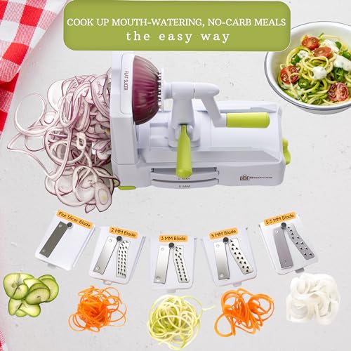 Brieftons 5-Blade Vegetable Spiralizer: Strongest-Heaviest Spiral Slicer, Best Veggie Pasta Spaghetti Maker for Low Carb/Paleo/Gluten-Free/Vegan Meals, With Extra Blade Caddy, 4 Recipe Ebooks