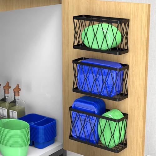 YIGII 3 Pack Adhesive Cabinet Organizer Storage - Lid Organizer Wall Mounted Pantry Door Organizer Bin Holder for Tupperware Lid Kitchen Wall Under Sink Basket Slim Space Black Stainless Steel