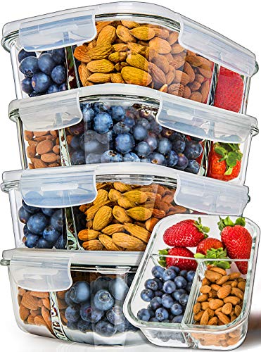 PrepNaturals 5 Pack 34 Oz Glass Meal Prep Containers - Dishwasher Microwave Freezer Oven Safe - Glass Storage Containers with Lids (Multi-Compartment)