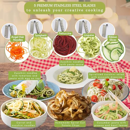 Brieftons 5-Blade Vegetable Spiralizer: Strongest-Heaviest Spiral Slicer, Best Veggie Pasta Spaghetti Maker for Low Carb/Paleo/Gluten-Free/Vegan Meals, With Extra Blade Caddy, 4 Recipe Ebooks