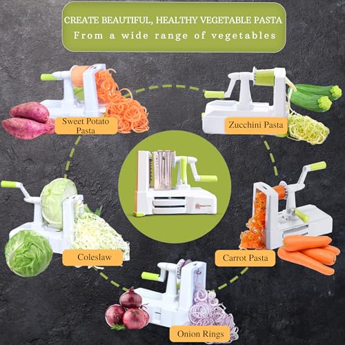 Brieftons 5-Blade Vegetable Spiralizer: Strongest-Heaviest Spiral Slicer, Best Veggie Pasta Spaghetti Maker for Low Carb/Paleo/Gluten-Free/Vegan Meals, With Extra Blade Caddy, 4 Recipe Ebooks