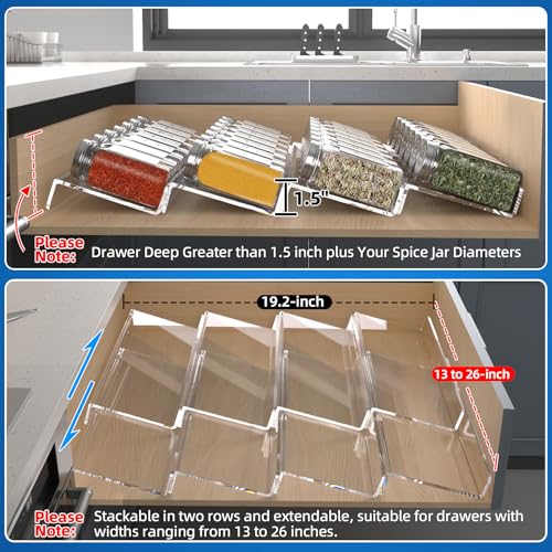 Clear Acrylic Spice Drawer Organizer, 4 Tier- 2 Set Expandable From 13" to 26" Seasoning Jars Drawers Insert, Kitchen Spice Rack Tray for Drawer/Countertop (Jars not included)