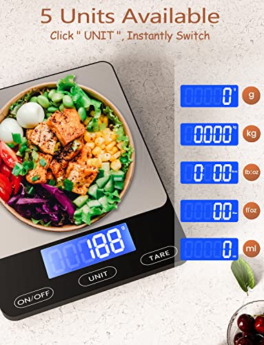 Food Scale -33lb Digital Kitchen Scale for Food Ounces Grams Rechargeable 304 Stainless Steel,Batteries and Type-C Charging | Perfect for Meal Prep, Cooking, and Baking, Black