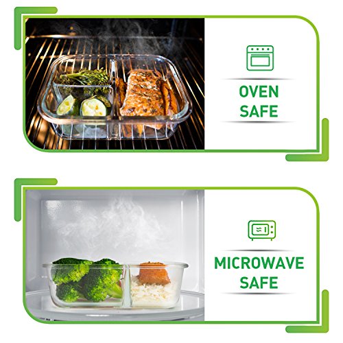 PrepNaturals 5 Pack 34 Oz Glass Meal Prep Containers - Dishwasher Microwave Freezer Oven Safe - Glass Storage Containers with Lids (Multi-Compartment)