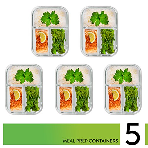 PrepNaturals 5 Pack 34 Oz Glass Meal Prep Containers - Dishwasher Microwave Freezer Oven Safe - Glass Storage Containers with Lids (Multi-Compartment)