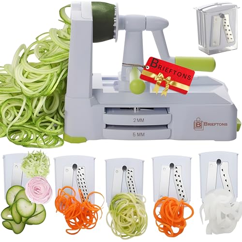 Brieftons 5-Blade Vegetable Spiralizer: Strongest-Heaviest Spiral Slicer, Best Veggie Pasta Spaghetti Maker for Low Carb/Paleo/Gluten-Free/Vegan Meals, With Extra Blade Caddy, 4 Recipe Ebooks