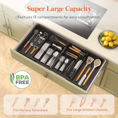 Lifewit Large Silverware Drawer Organizer, Expandable to 36 Inches Wide, BPA Free Plastic Utensil Tray for Kitchen, Adjustable Flatware and Cutlery Holder for Spoons Forks Knives, Black