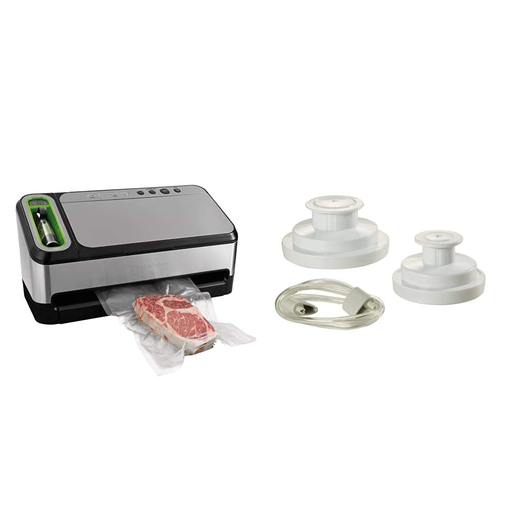 FoodSaver V4840 2-in-1 Vacuum Sealer Machine with Automatic Bag Detection and Starter Kit | Silver & Regular Sealer and Accessory Hose Wide-Mouth Jar Kit, 9.00 x 6.00 x 4.90 Inches, White