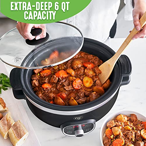 GreenLife 6 Quart Ceramic Slow Cooker, PFAS-Free, Programmable, Removable Healthy Nonstick Pot for large families, Sear on Stovetop, Keep Warm, Digital Timer, Dishwasher Safe Glass Lid & Crock, Black