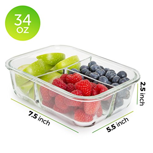 PrepNaturals 5 Pack 34 Oz Glass Meal Prep Containers - Dishwasher Microwave Freezer Oven Safe - Glass Storage Containers with Lids (Multi-Compartment)