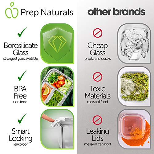 PrepNaturals 5 Pack 34 Oz Glass Meal Prep Containers - Dishwasher Microwave Freezer Oven Safe - Glass Storage Containers with Lids (Multi-Compartment)