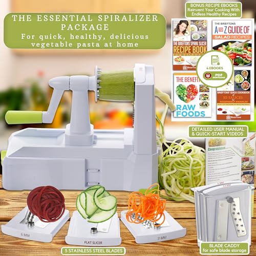 Brieftons 5-Blade Vegetable Spiralizer: Strongest-Heaviest Spiral Slicer, Best Veggie Pasta Spaghetti Maker for Low Carb/Paleo/Gluten-Free/Vegan Meals, With Extra Blade Caddy, 4 Recipe Ebooks