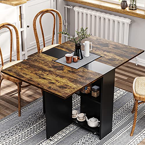 Tiptiper Folding Dining Table with 6 Wheels, Folding Kitchen Table with 2-Layer Storage Shelf, Space Saving Dining Table for Small Apartment, Rustic Brown and Black