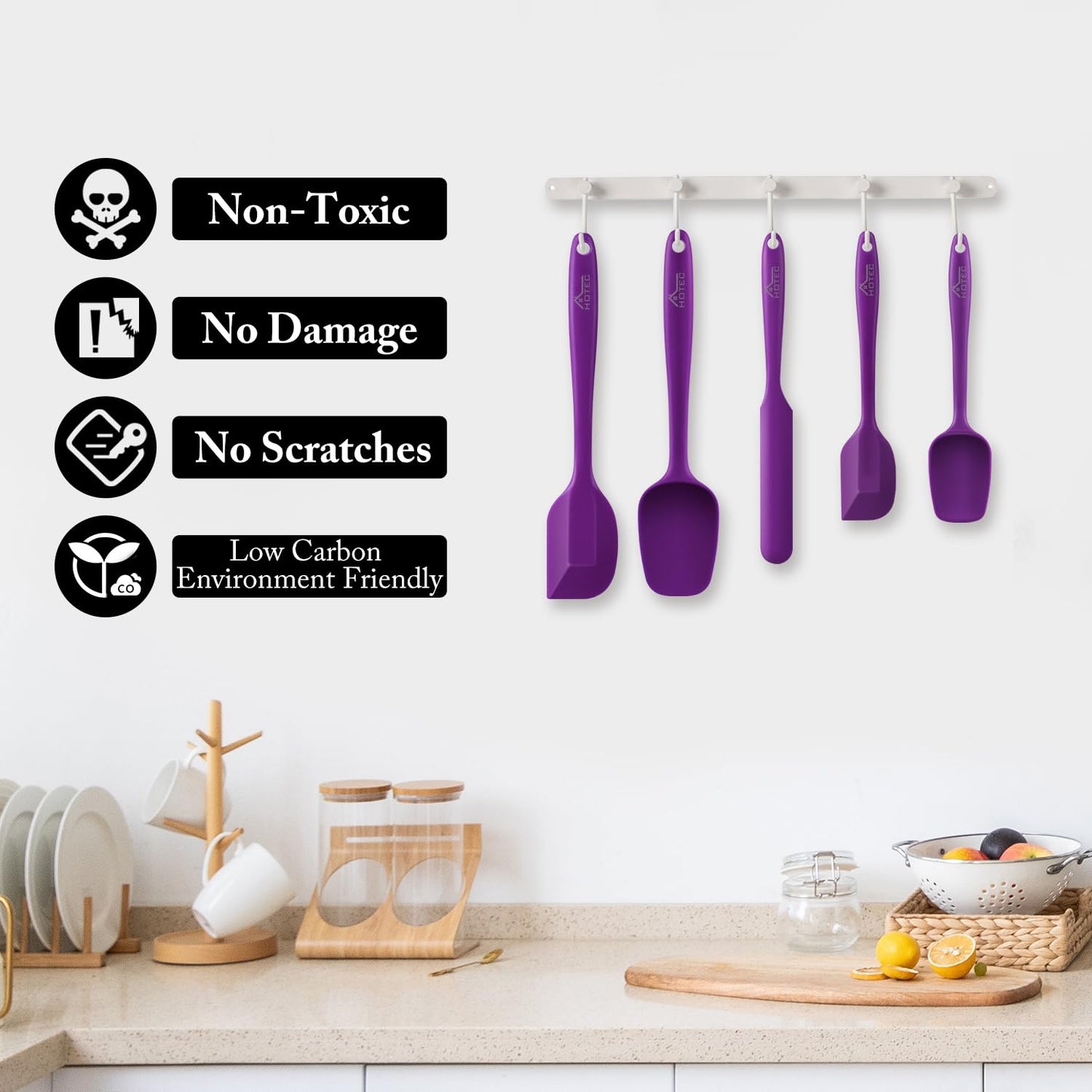 HOTEC High Heat Resistant Food Grade Silicone Rubber Spatula Set for Baking, Cooking, and Mixing Non Stick Dishwasher Safe BPA-Free Purple Set of 5