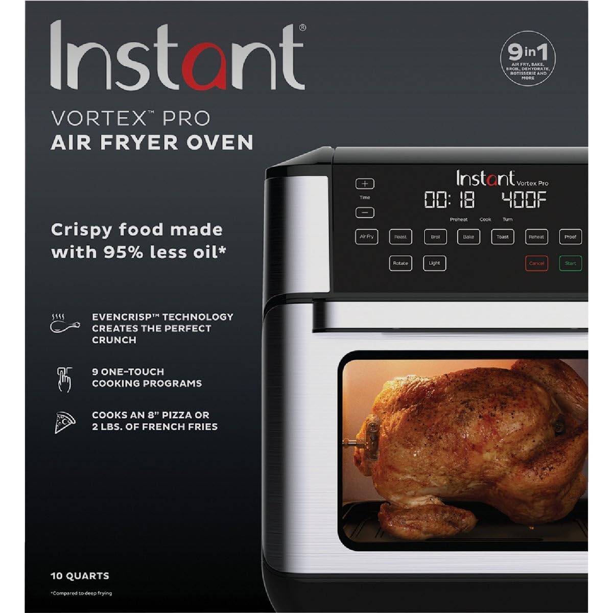 Instant Vortex Pro 10QT ClearCook Air Fryer, Clear Windows, Custom Programming, 9-in-1 Functions, Crisp, Broil, Toast, Roast, Dehydrate, Bake, Proof, Rotesserie, from the Makers of Instant Pot