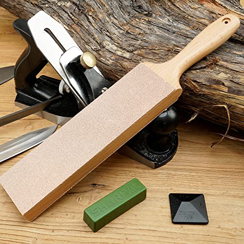 SHARPAL 205H Double-sided Leather Strop (Genuine Cowhide) 13.2" x 2.4" Kit with 2 Oz. Polishing Compound & Angle Guide, Knife Stropping Block for Sharpening & Honing Knives tools, Woodcarving Chisels