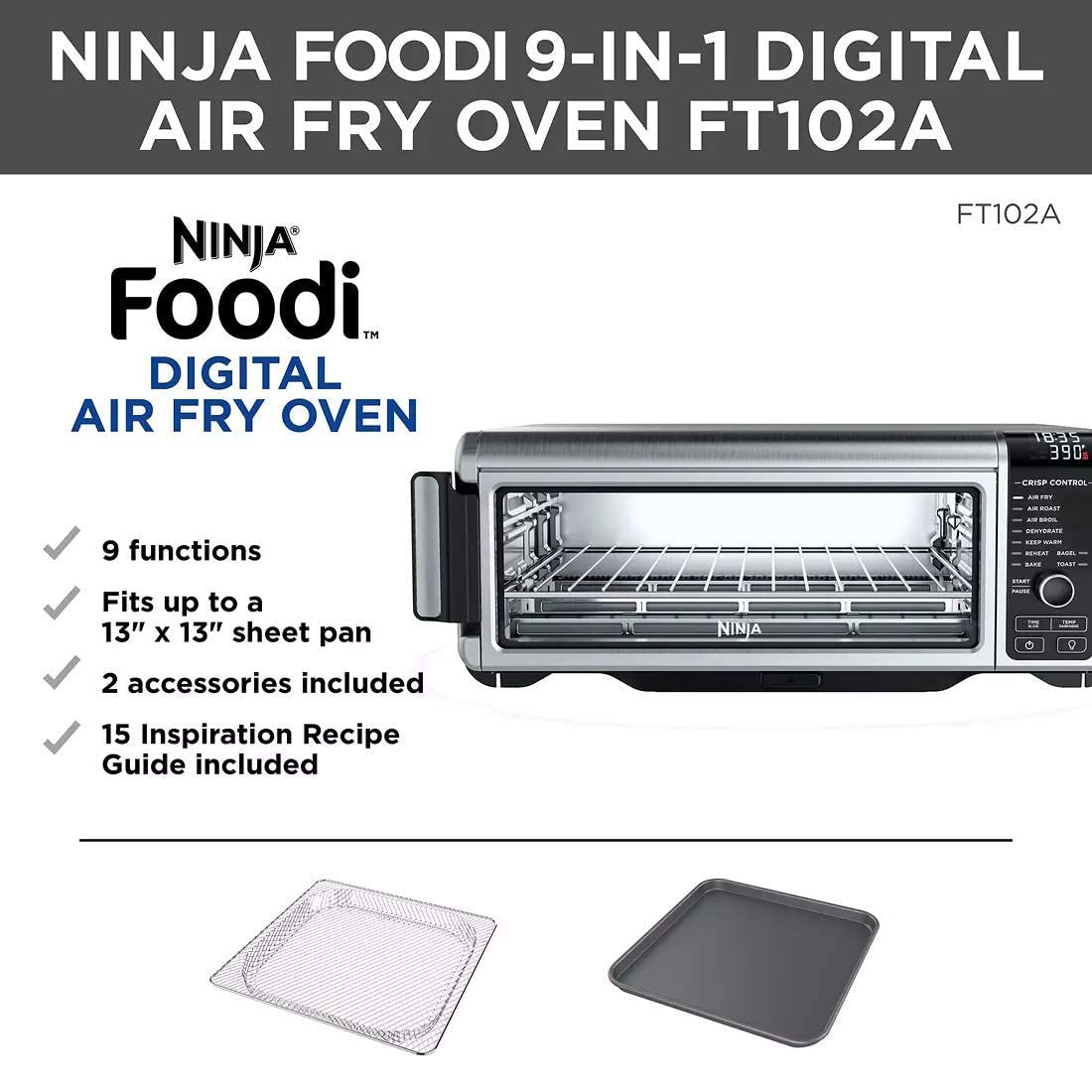 Ninja FT102CO Foodi 9-in-1 Digital Air Fry Oven, Air Roast/ Broil, Bake, Bagel, Toast, Dehydrate, Keep Warm, and Reheat, Stainless Steel (Renewed)