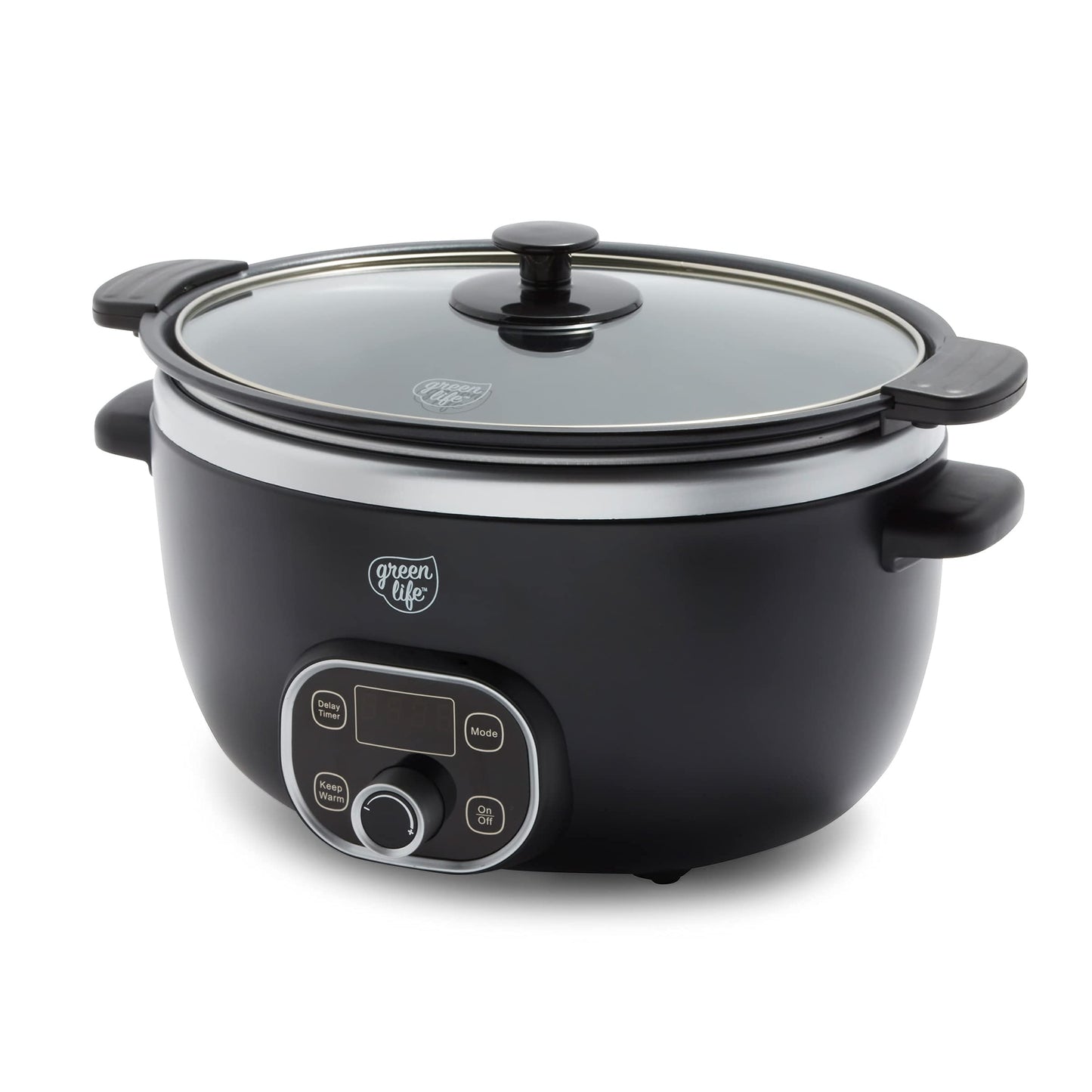 GreenLife 6 Quart Ceramic Slow Cooker, PFAS-Free, Programmable, Removable Healthy Nonstick Pot for large families, Sear on Stovetop, Keep Warm, Digital Timer, Dishwasher Safe Glass Lid & Crock, Black