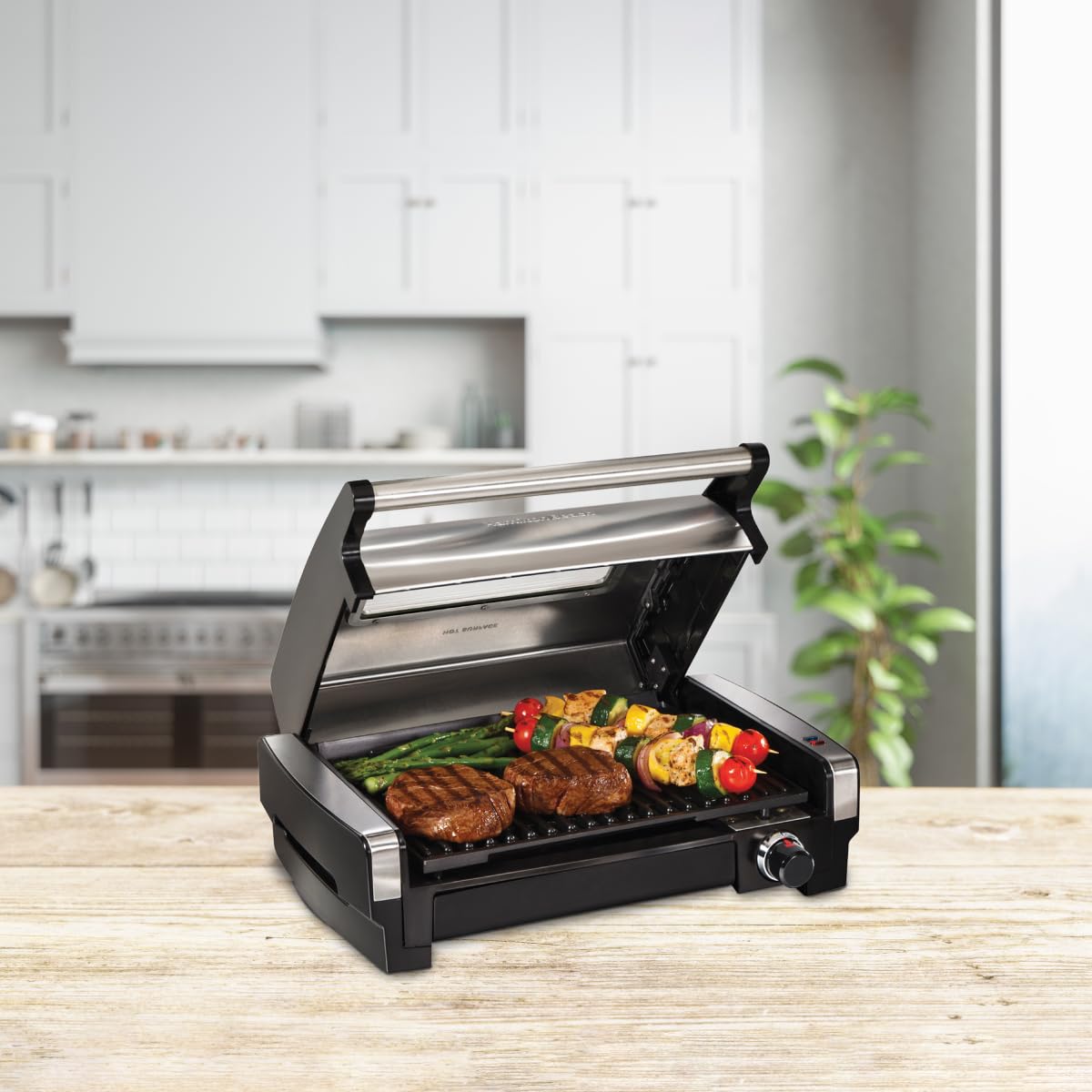 Hamilton Beach 25361 Electric Indoor Searing Grill with Removable Easy-to-Clean Nonstick Plate, Viewing Window, Stainless Steel (Renewed)