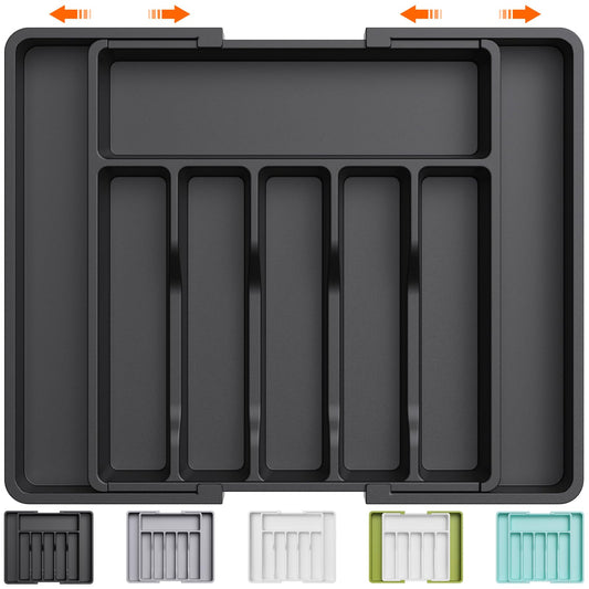 Lifewit Silverware Drawer Organizer, Expandable Utensil Tray for Kitchen, BPA Free Flatware and Cutlery Holder, Adjustable Plastic Storage for Spoons Forks Knives, Large, Black