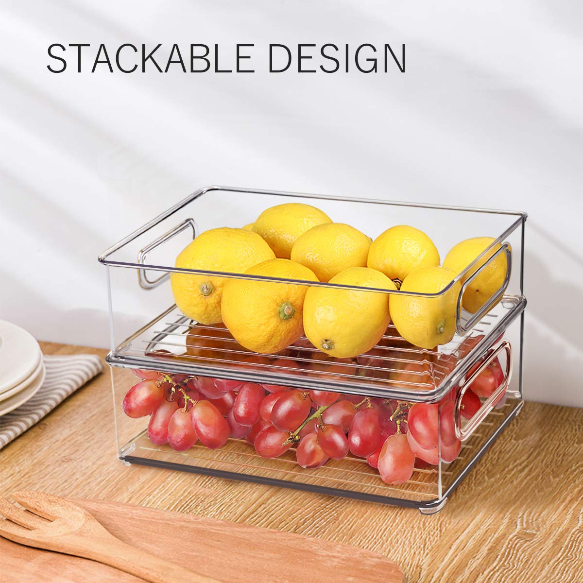 Stackable Refrigerator Organizer Bins, 6 Pack Clear Kitchen Organizer Container Bins with Handles and 20 PCS Plastic Bags for Pantry, Cabinets, Shelves, Drawer, Freezer - Food Safe, BPA Free 10"L