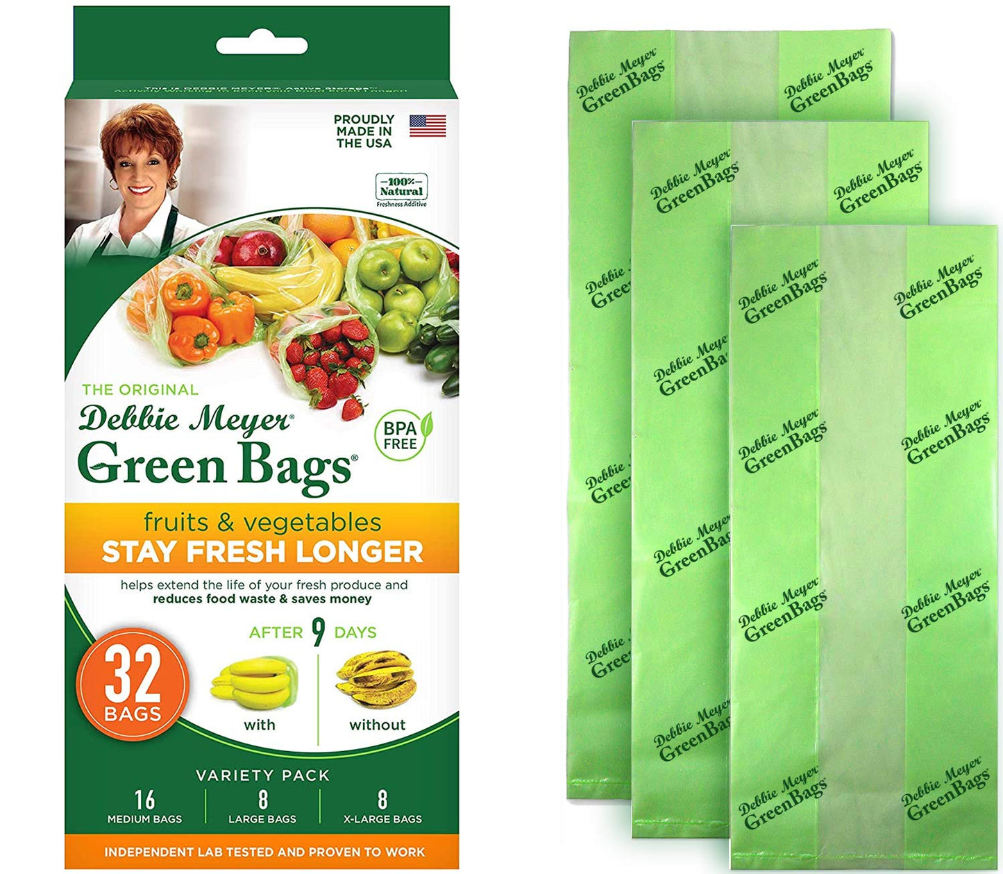 Debbie Meyer GreenBags 32-Pack (16M, 8L, 8XL) – Keeps Fruits, Vegetables, and Cut Flowers, Fresh Longer, Reusable, BPA Free, Made in USA