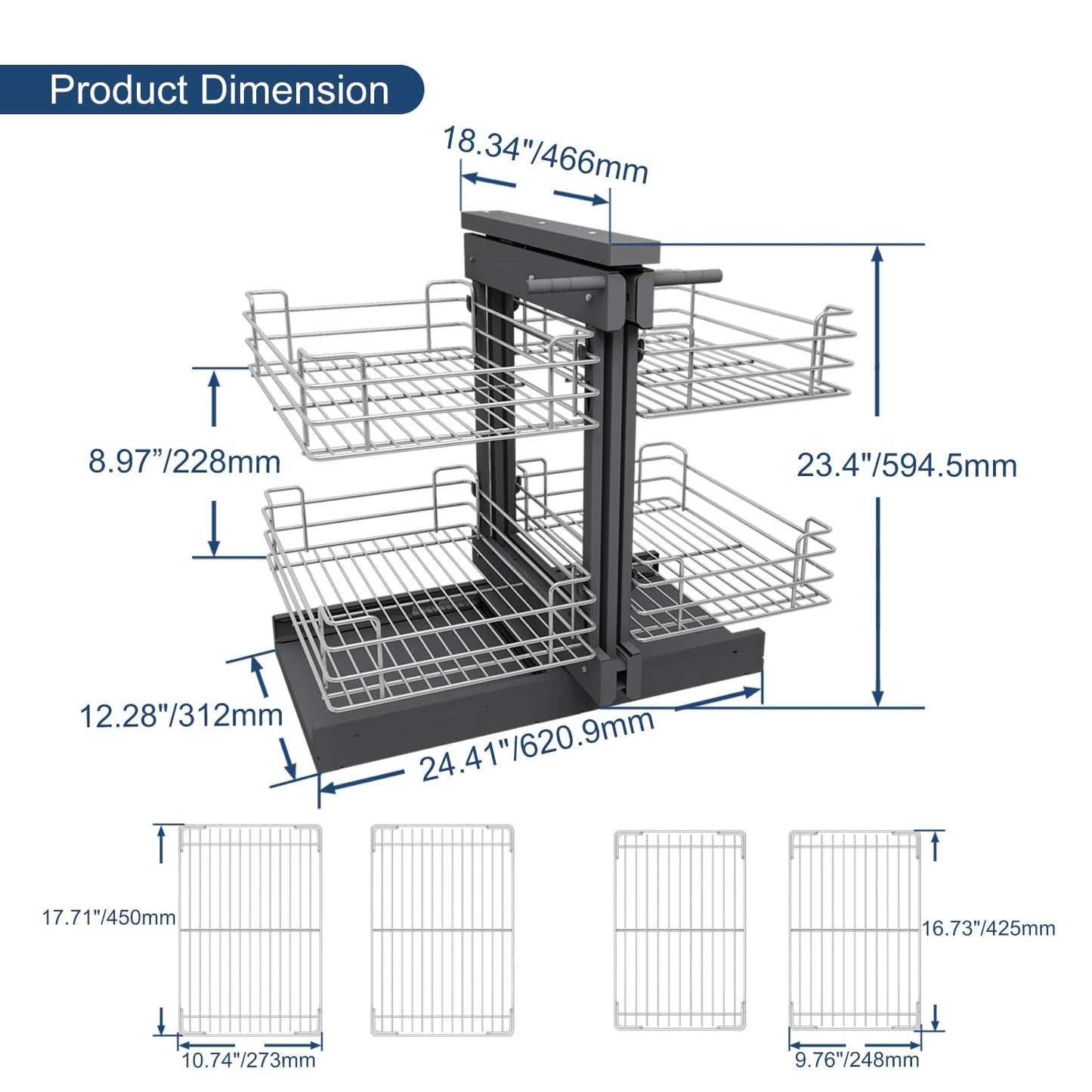 VADANIA Blind Corner Pull Out Organizer for 32" Cabinet, Left Open & Right Open Compatible, Min Opening 14", 2-tier Pull-out Basket, Soft Close, Bottom Mount