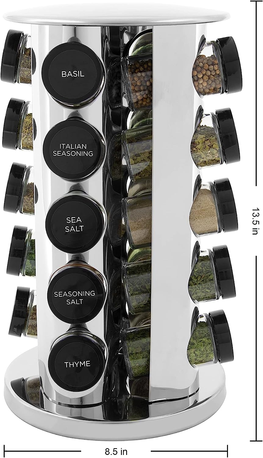 Kamenstein 20 Jar Revolving Countertop Spice Rack with Spices Included, FREE Spice Refills for 5 Years, Polished Stainless Steel with Black Caps, 30020