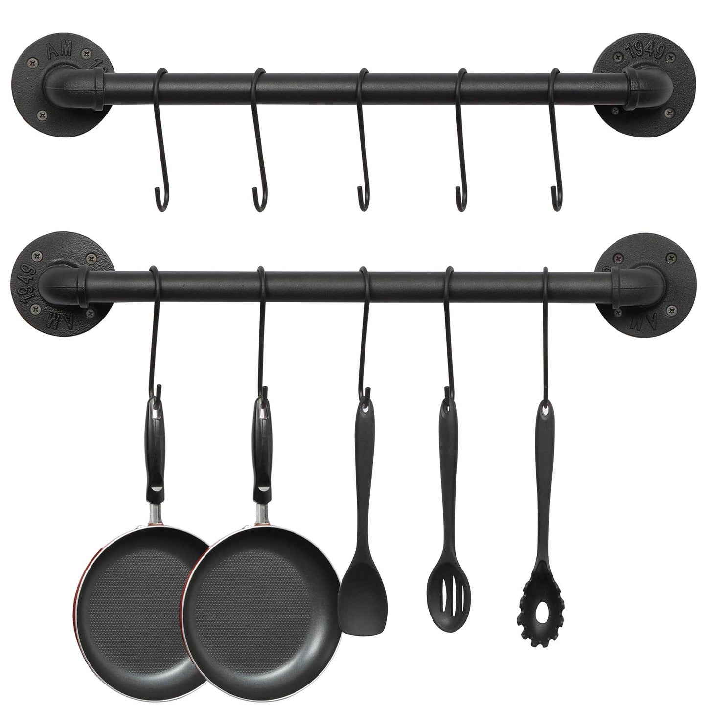 OROPY Wall Mounted Pot Pan Rack 21'' Set of 2, Industrial Utensils Wall Hanger Iron Pipe Kitchen Hanging Rail with 10 S Hooks